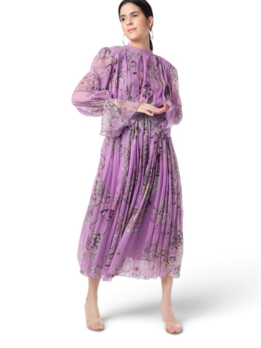 Hemant & Nandita Long Sleeve Midi Dress Purple Mock Neck Size Medium